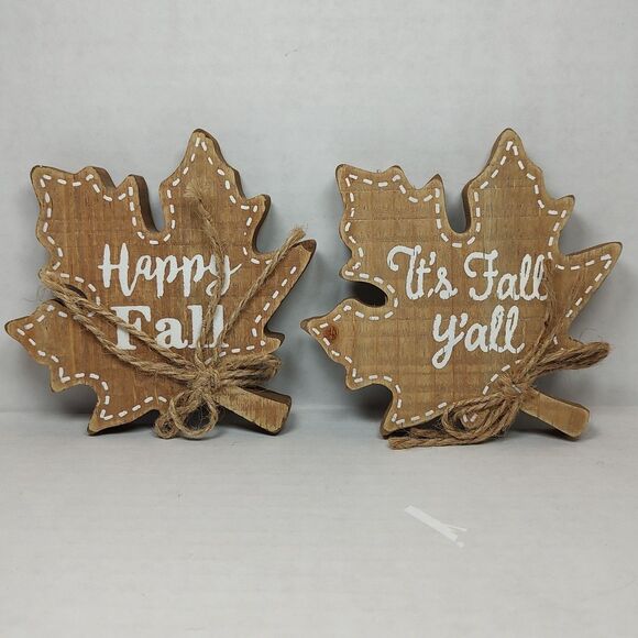 Lot of 2 Happy Fall It's Fall Y'all Wooden Maple Leaf Tabletop Decor Shelf - Picture 3 of 16